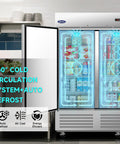 81 Inch Commercial Freezer Refrigerator With Three Solid Doors features a 360° cold circulation system, auto defrost, and LED lights.