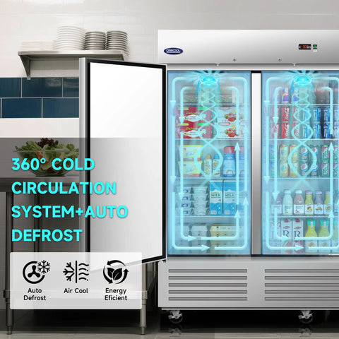 81 Inch Commercial Freezer Refrigerator With Three Solid Doors features a 360° cold circulation system, auto defrost, and LED lights.