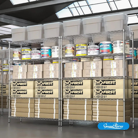 Heavy Duty 5 Shelf Chrome Wire Shelving Unit With 48 Inch Long Shelves, 18 Inch Wide, 72 Inch Tall, Adjustable Height, Easy Assembly, Includes Clips And Hooks, Perfect Garage, Pantry, Or Utility Room Storage System in garage with boxes and bins