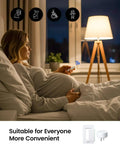 Pregnant woman using Remote Control Outlet Plug Switch With Buckle Design And Removable Wireless Light Switch No Wiring Needed 300 Ft Range 15 Amp 1500 Watt Programmable For Home Appliances Easy Plug And Play Convenience in bed at night, lamp in background.
