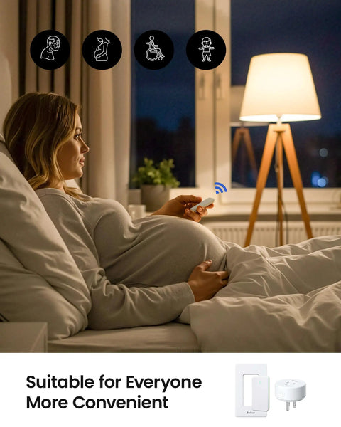 Pregnant woman using Remote Control Outlet Plug Switch With Buckle Design And Removable Wireless Light Switch No Wiring Needed 300 Ft Range 15 Amp 1500 Watt Programmable For Home Appliances Easy Plug And Play Convenience in bed at night, lamp in background.