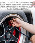 Person using No Sweat Quarter Inch Tire Inflator Extension Hose With Fast Grip Self Locking Chuck on truck tire for quick inflation.