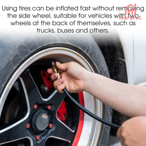 Person using No Sweat Quarter Inch Tire Inflator Extension Hose With Fast Grip Self Locking Chuck on truck tire for quick inflation.