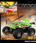 Green Monster Truck RC Car With 2.4GHz Remote, 1:64 Scale, Colorful Lights, Metal Body, Off Road 80 Ft Range, Featured on Track