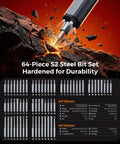 76in1 Mini Electric Screwdriver Set displaying 64-piece S2 steel bit set for electronics and repair