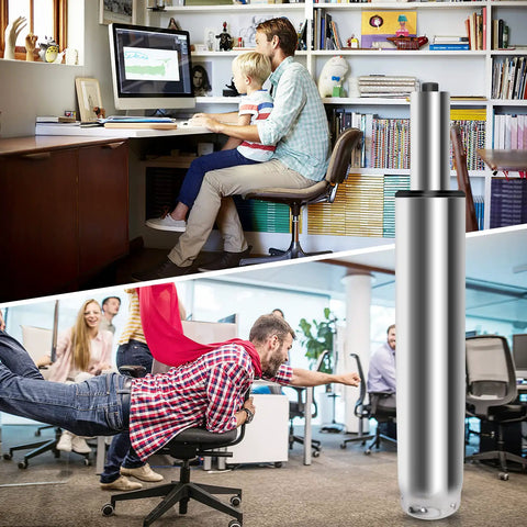 5.5 Inch Heavy Duty Office Chair Gas Lift Cylinder Replacement For Desk Chairs And Gaming Chairs Adjustable Hydraulic Pneumatic Piston Universal Silver Finish Fits Most Models shown with office and home use examples