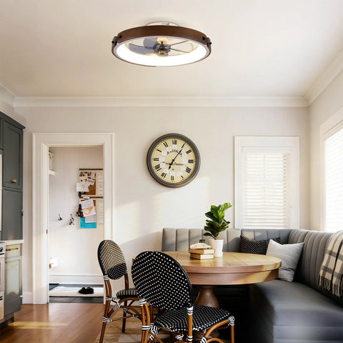 Neojoyoenix Light Fixture, 20" Ceiling Fans with Lights Kit (Led) and Remote Control, modern flush mount, walnut finish in dining area.