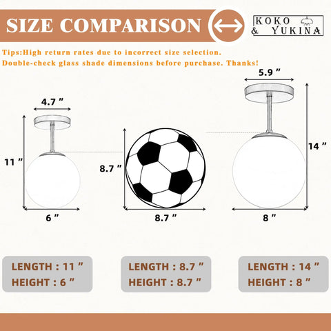 Size comparison image with soccer ball, featuring Dope Mid Century Modern Globe Semi Flush Mount Ceiling Light.