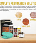 All In One Wood Furniture And Floor Restoration Kit For Scratch Repair And Polish On Light And Dark Surfaces With Microfiber Cloth Includes Four Toned Wax Fill Sticks And Scratch Removers Plus Cleaner And Polish For Concealment And Lasting Shine displayed on a table with bottles, wax sticks, and a green cloth.