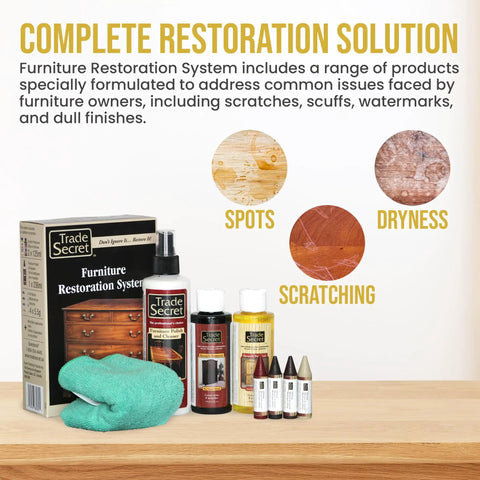 All In One Wood Furniture And Floor Restoration Kit For Scratch Repair And Polish On Light And Dark Surfaces With Microfiber Cloth Includes Four Toned Wax Fill Sticks And Scratch Removers Plus Cleaner And Polish For Concealment And Lasting Shine displayed on a table with bottles, wax sticks, and a green cloth.