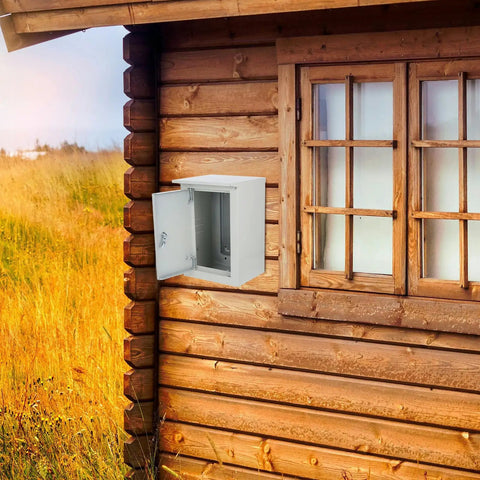 Outdoor Weatherproof Metal Junction Box Electrical Distribution Enclosure 160x300x200mm mounted on a wooden wall