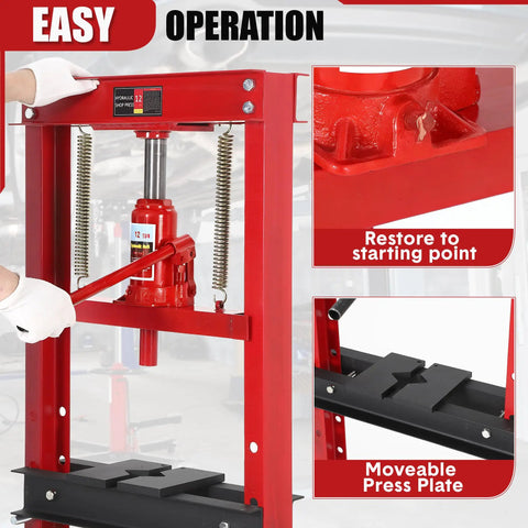 Rock Solid 12 Ton Hydraulic Shop Press Heavy Duty H Frame Benchtop With Swivel Base And Black Powder Coat controls and moveable plate.