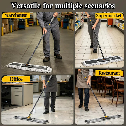 Score A Spotless Shine Daily With This Beast Mode 36 Inch Commercial Dust Mop Featuring A 62 Inch Adjustable Handle And Three Dense Washable Inserts For Easy Cleanin Across Hard Floors in use at warehouse, supermarket, office, and restaurant.