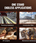 VEVOR pipe stand banner displaying four uses: plumbing, construction, DIY, maintenance