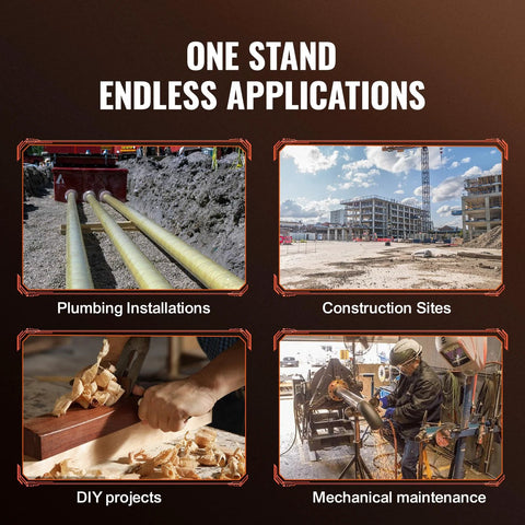 VEVOR pipe stand banner displaying four uses: plumbing, construction, DIY, maintenance