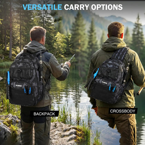 Angler wearing All-In-One Fishing Gear Backpack With Tackle Box And Rod Holders, Waterproof Durable Storage by a lake.