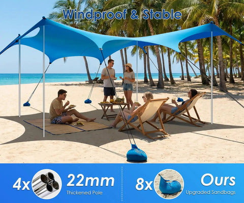 Big 14x11 Foot Beach Shade Shelter With UPF50 Protection, Easy Setup Canopy with sandbags and poles on sunny beach