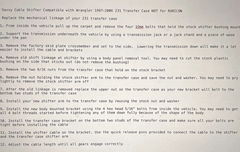 Installation instructions for Transfer Case Cable Shifter Kit For 231 Fits Wrangler TJ LJ 1997 2006 Easy Install