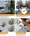Set of four Neoteck DTI digital dial indicators (1 in/25.4 mm), silver-gray with LCD readouts.