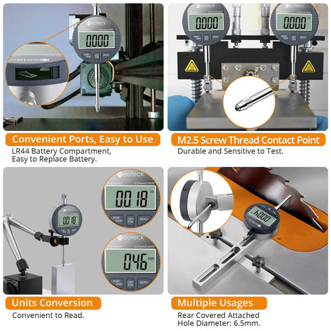 Set of four Neoteck DTI digital dial indicators (1 in/25.4 mm), silver-gray with LCD readouts.