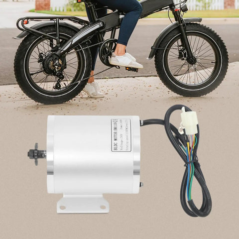 Beefy 1000W 36V Brushless DC Motor Kit with sprocket controller on a bicycle, shown in use with foot pedal throttle.