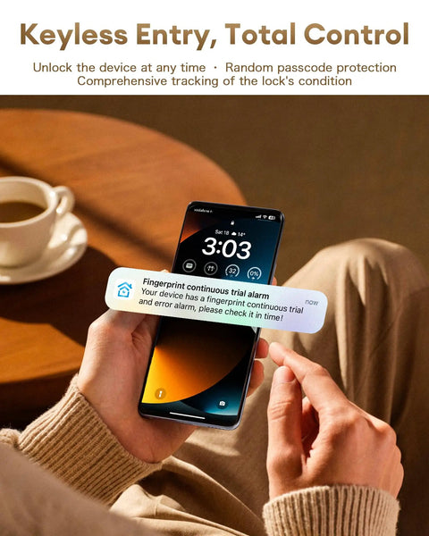 Person holding smartphone displaying remote control app for Smart Door Lock With Lever Handle And WiFi Keyless Entry Fingerprint Deadbolt