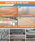 Image showing suitable and unsuitable surfaces for Five Wheel Furniture Dolly, highlighting hardwood, concrete, tile, and low-pile carpet.