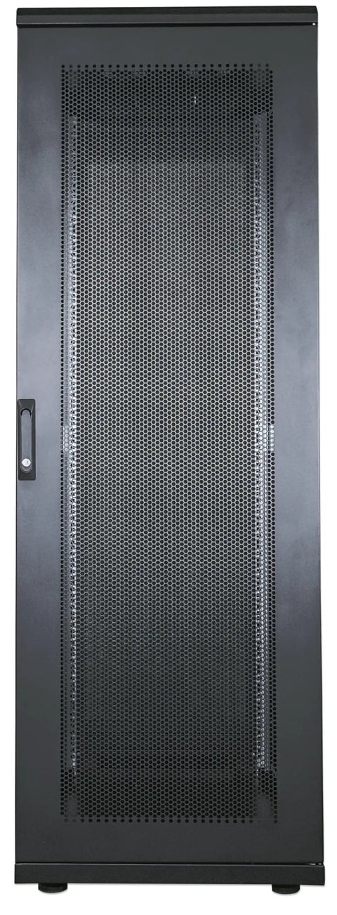 Heavy Duty 26U Server Rack And Network Cabinet 39 Inch Deep Steel Equipment Locker In Black with perforated front door.