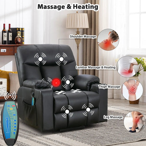 Extra Wide Lift Chair With Heat And Massage For Adults And Seniors in faux leather illustrating massage points in living room.