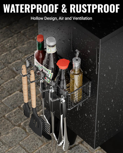 Magnetic Storage Bin For Grills And Pellet Smokers holding sauces and utensils on a Traeger Pro Series grill hopper