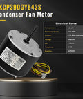 Condenser Fan Motor Replacement One Fifth HP 1100 RPM 208V 230V With 6uF Capacitor Included displayed with specs