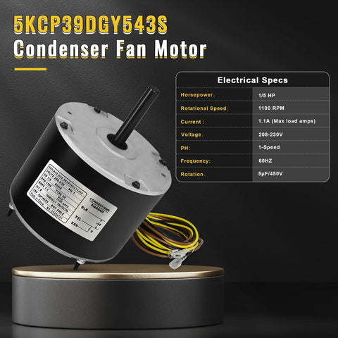 Condenser Fan Motor Replacement One Fifth HP 1100 RPM 208V 230V With 6uF Capacitor Included displayed with specs