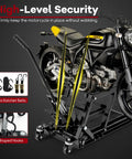 Beefed Up 1500 Lbs Hydraulic Motorcycle Lift For Dirt Bikes ATVs And UTVs With Footplates Long Handle Four Wheels And Two Ratchet Belts 4.7 To 15 Inch Lifting Range Reliable Jack Stand in use with a motorcycle on top.