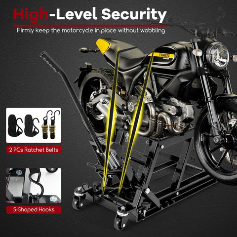 Beefed Up 1500 Lbs Hydraulic Motorcycle Lift For Dirt Bikes ATVs And UTVs With Footplates Long Handle Four Wheels And Two Ratchet Belts 4.7 To 15 Inch Lifting Range Reliable Jack Stand in use with a motorcycle on top.