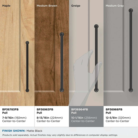 Slick Matte Black Cabinet Door Handle And Drawer Pull With Heavy Duty Metal Frame 10 1 16 Inch Center To Center Spacing displayed on various wood finishes.