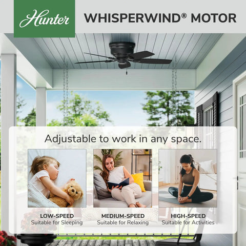 Low Profile 48 Inch Ceiling Fan No Light For Indoor Or Outdoor Use Damp Rated Flush Mount Matte Black With Five Blades Sea Wind 53118 Patio Porch Garage Living Room Ready installed on a patio ceiling.