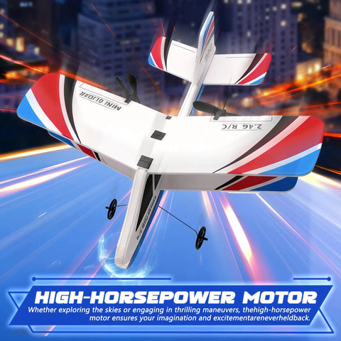 Easy To Fly RC Plane For Beginners And Kids Ages 8 To 12 And Adults With 6 Axis Gyro Stabilization Remote Control Airplane Outdoor Glider Built For Fun No Sweat Durability And Realistic Jet Style Flight shown with high-horsepower motor feature in flight.