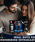 Couple admiring Hands On Electric Turbofan Engine Model Kit With Motor For STEM, box showing 1813 Pcs set