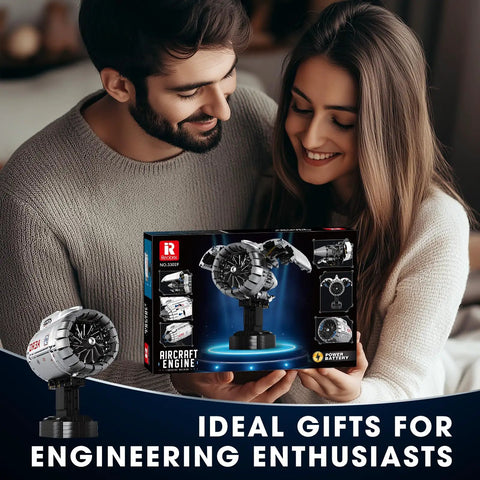 Couple admiring Hands On Electric Turbofan Engine Model Kit With Motor For STEM, box showing 1813 Pcs set