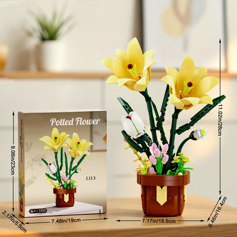 DIY Lily Bonsai Building Set For Adults, Maintenance Free Indoor Plant Decor, 296 Piece Flower Building Blocks Kit For Home Office, Living Room, Gift For Moms, Women, And Girls On Birthdays Or Mother's Day. Yellow lily block plant in pot, 28cm tall