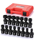 Shallow Universal Impact Socket Set Built Tough 3/8 Inch Drive, 6 Point, Metric 8-22mm, CR-MO Steel, with red carrying case