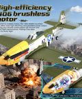 RC Airplane P51D Mustang with 3D/6G Gyro Stability, 5CH, Brushless 1406 motor displayed mid-flight over cityscape