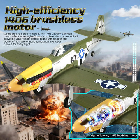 RC Airplane P51D Mustang with 3D/6G Gyro Stability, 5CH, Brushless 1406 motor displayed mid-flight over cityscape