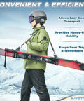 Person carrying skis with Heavy Duty Ski Straps And Pole Carrier With Adjustable Length And Cushioned Shoulder Sling For Kids And Adults