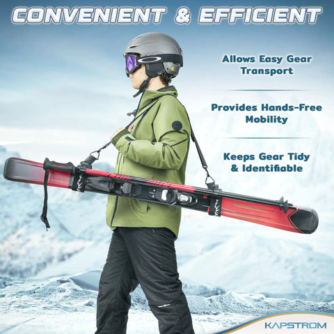 Person carrying skis with Heavy Duty Ski Straps And Pole Carrier With Adjustable Length And Cushioned Shoulder Sling For Kids And Adults