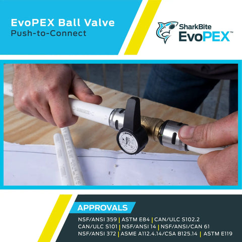 1/2 Inch EvoPEX Ball Valve With Push To Connect Plumbing Fitting For PEX Pipe, Water Shut Off Valve For Servicing And Repairs