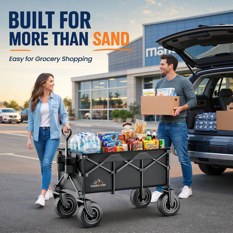 All Terrain Beach Wagon With 10 Inch Inflatable Rubber Wheels For Sand And All Terrain 220 Liter Collapsible Utility Wagon holding groceries