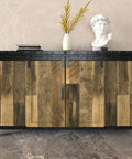 Wooden cabinet with brown wood grain design and black metal accents, featuring books, vase, and bust decor on top.