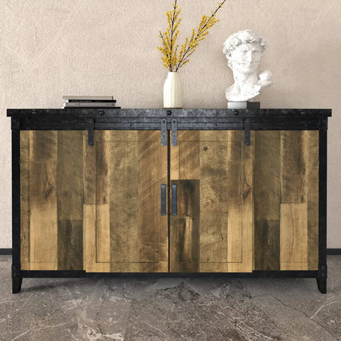 Wooden cabinet with brown wood grain design and black metal accents, featuring books, vase, and bust decor on top.
