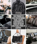 Collage showing Leather And Vinyl Repair Kit For Sofas Jackets Car Seats And Purses With Easy To Follow Instructions No Experience Needed To Match Any Color And Restore Any Material Like Bonded Italian Pleather Or Genuine Leather Surfaces applications on various items